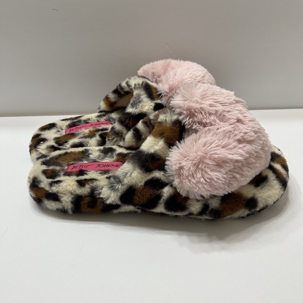 Betsey Johnson Leopard Slippers Fluffy Faux-Fur Pink Hearts Size Large 9-10